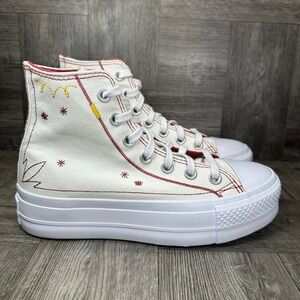 Converse Chuck Taylor Women 5 Western Embroidered Platform High Top Cream NEW